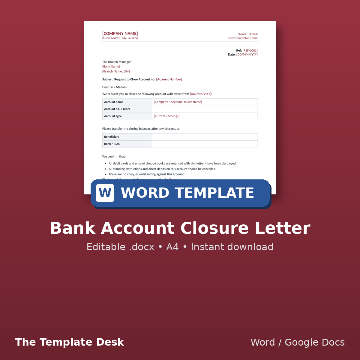 Bank Account Closure Letter – cover