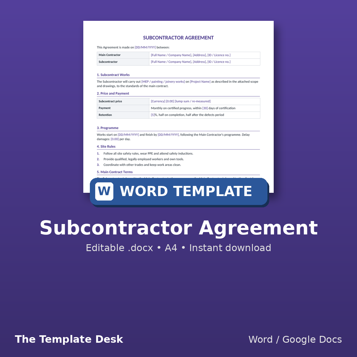 Subcontractor Agreement – cover