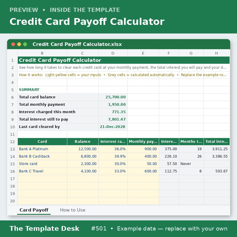 Credit Card Payoff Calculator – sheet preview
