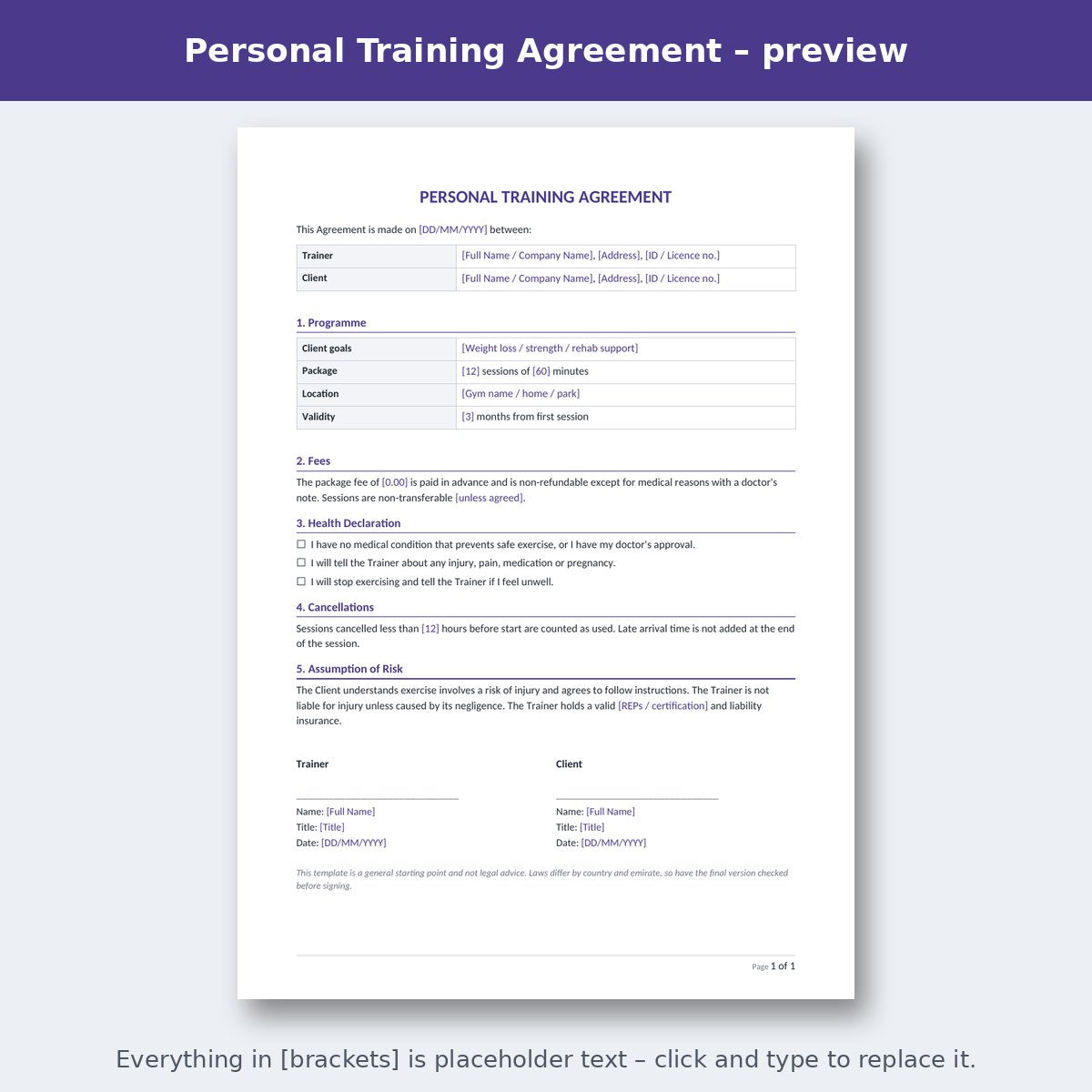 Personal Training Agreement – preview