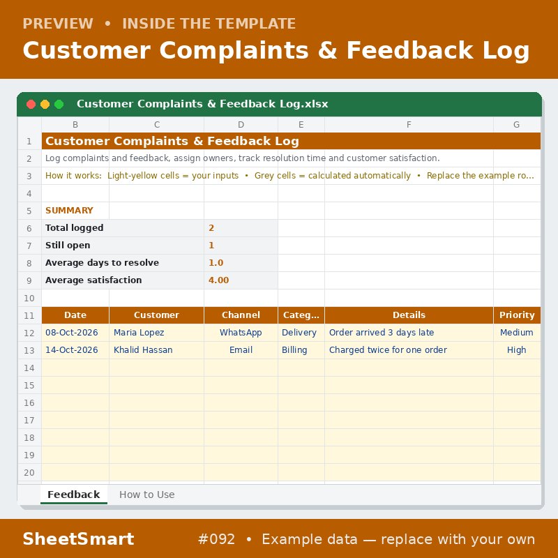 Customer Complaints & Feedback Log – sheet preview