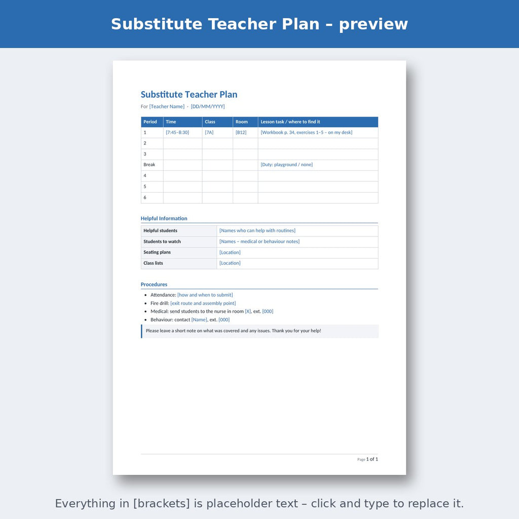 Substitute Teacher Plan – preview