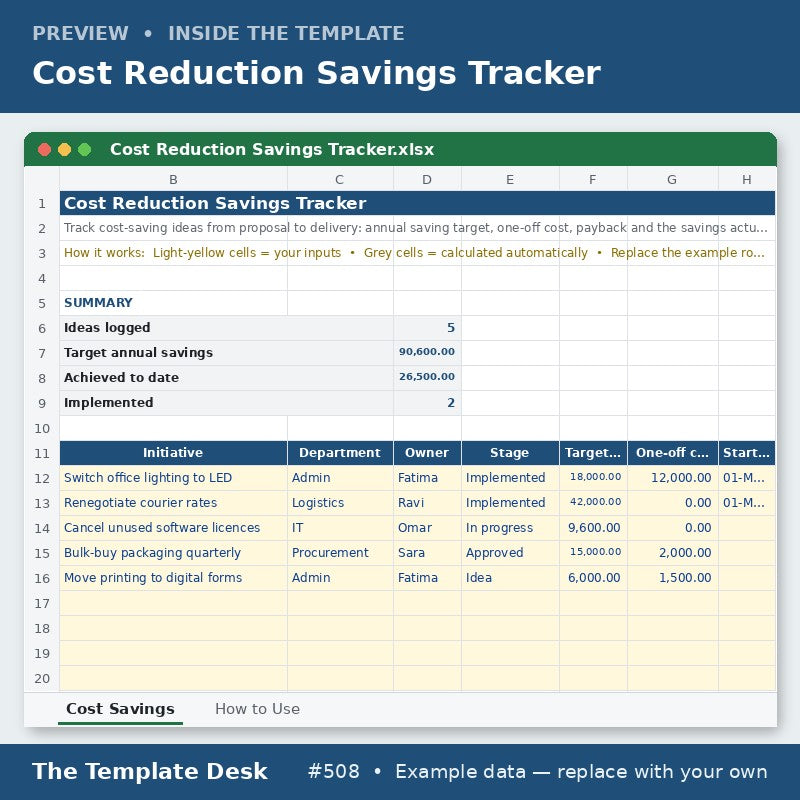 Cost Reduction Savings Tracker – sheet preview