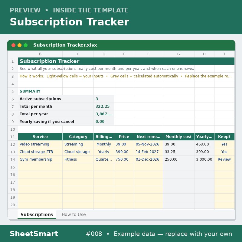 Subscription Tracker – sheet preview