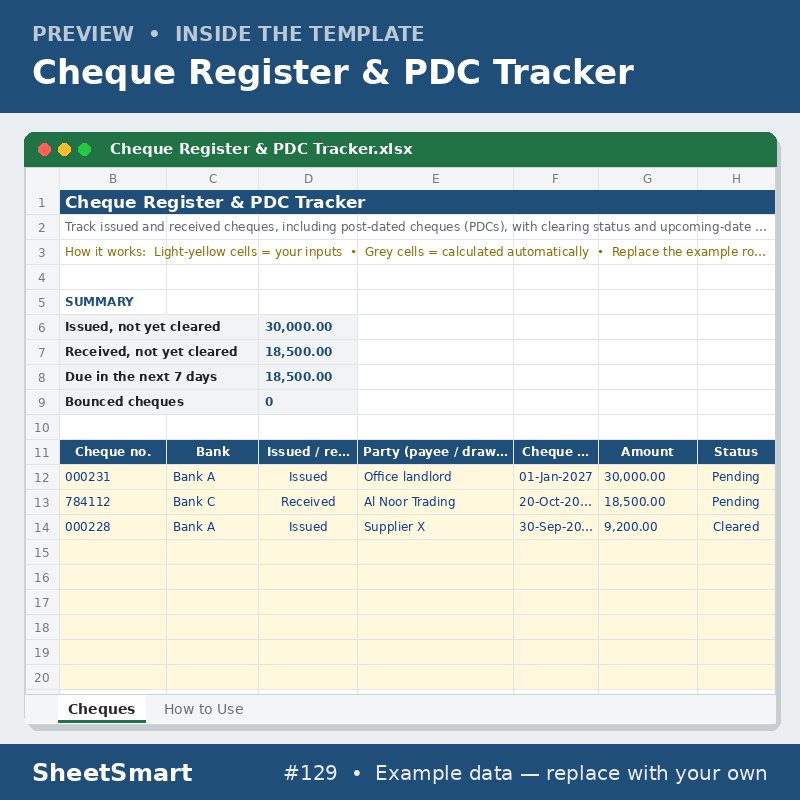 Cheque Register & PDC Tracker – sheet preview