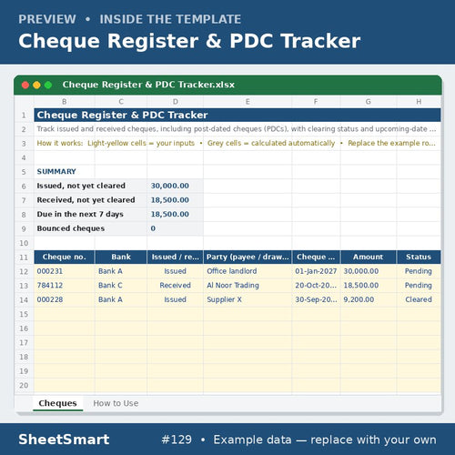 Cheque Register & PDC Tracker – sheet preview