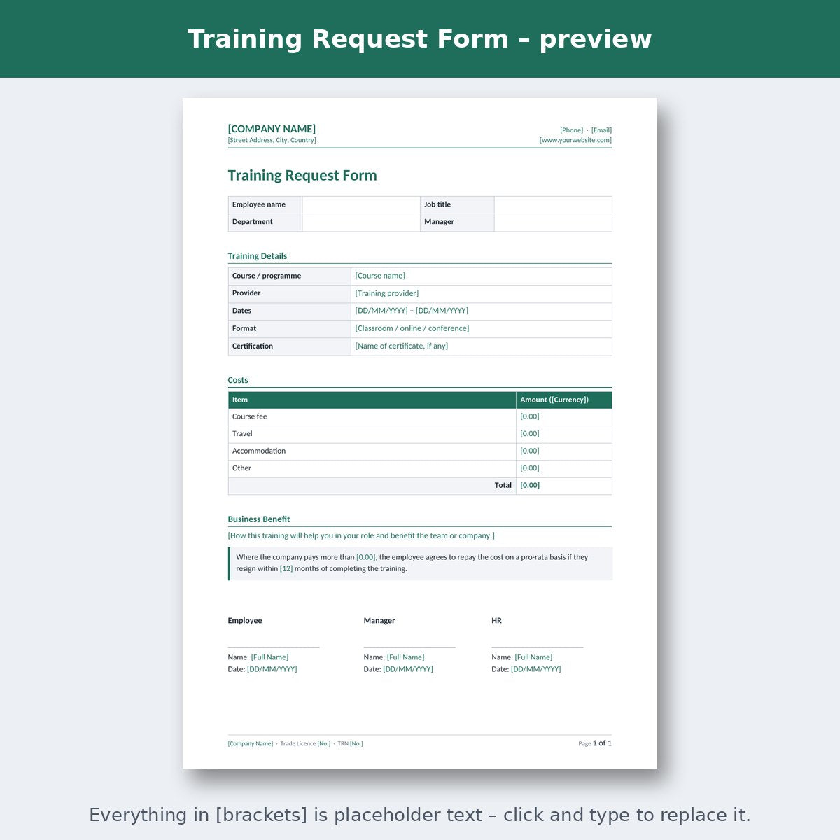 Training Request Form – preview