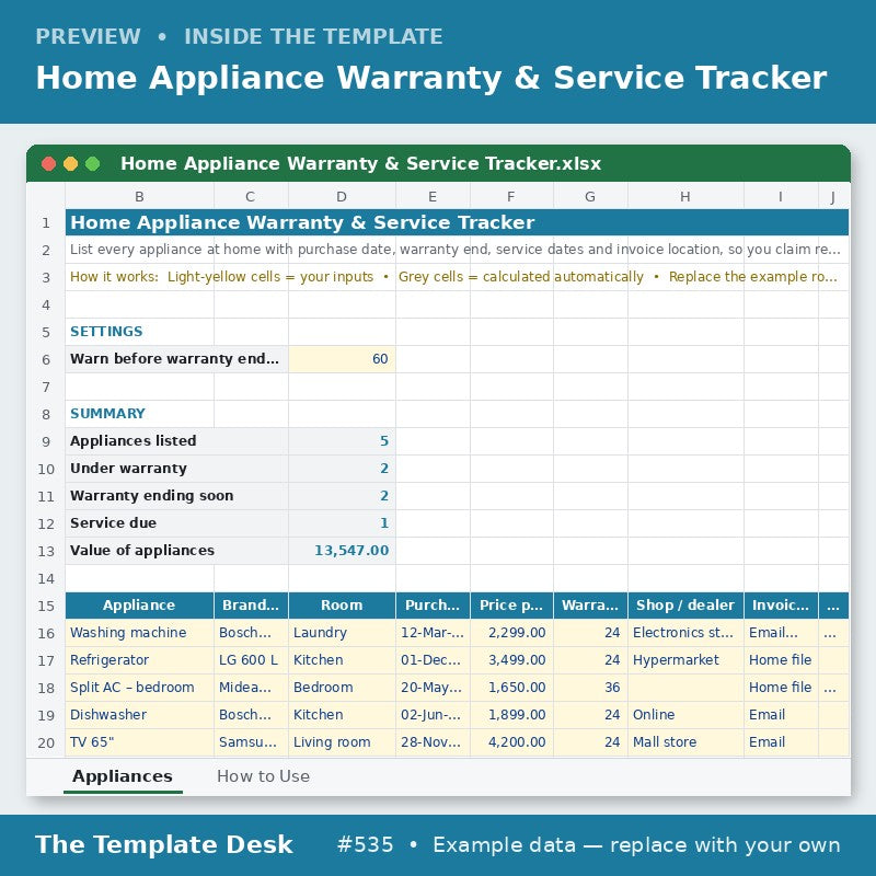 Home Appliance Warranty & Service Tracker – sheet preview