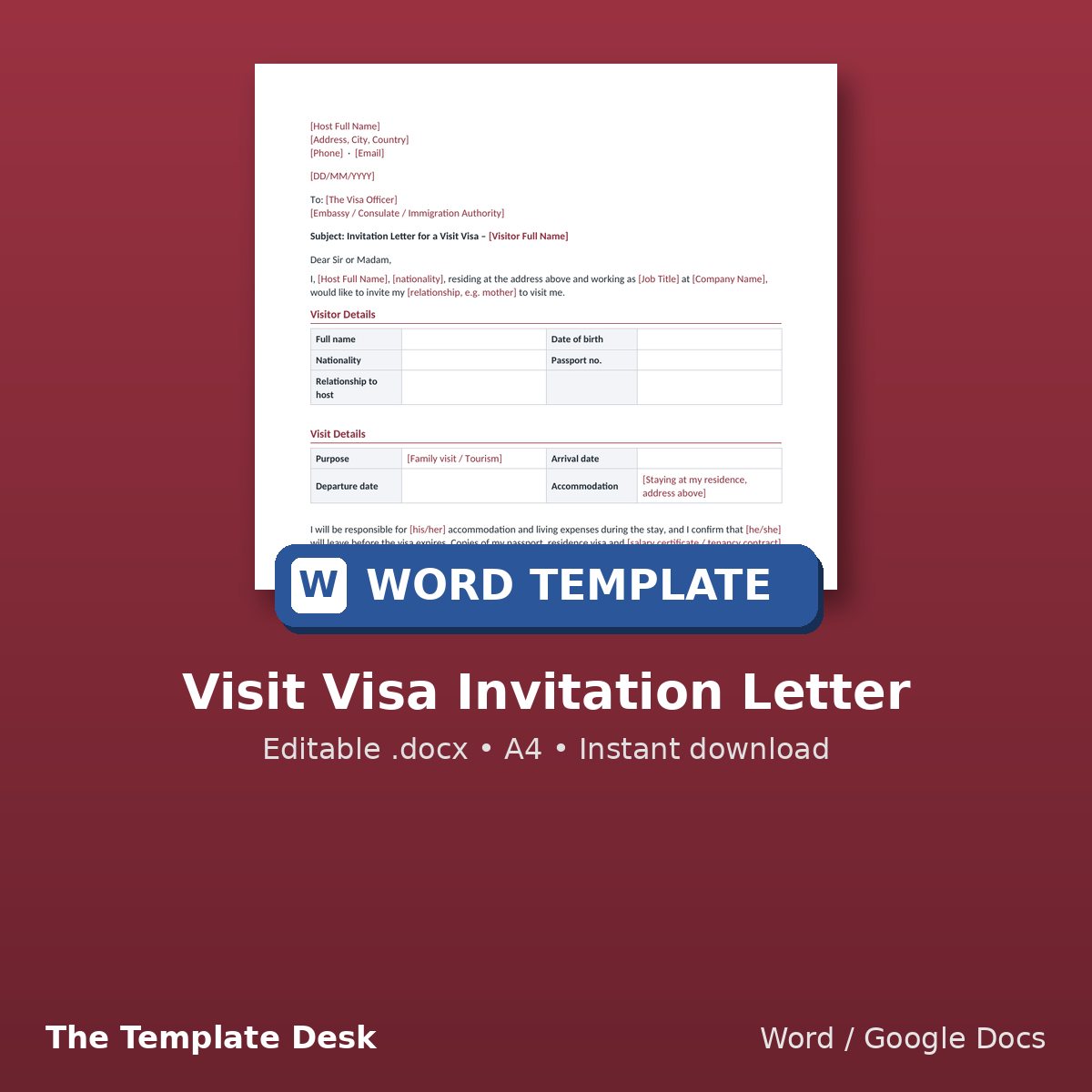 Visit Visa Invitation Letter – cover