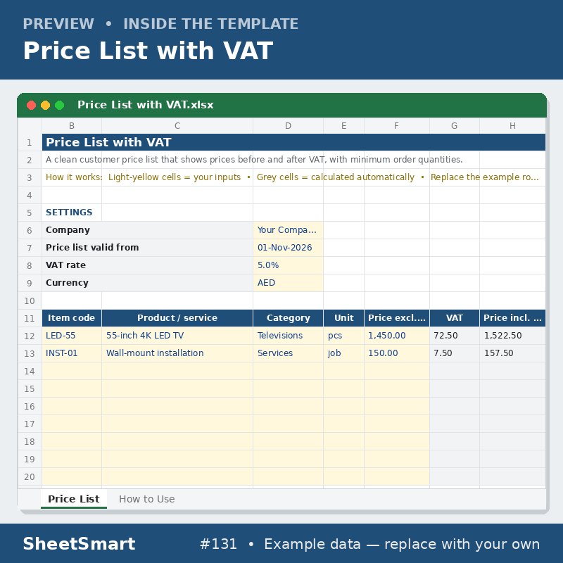 Price List with VAT – sheet preview