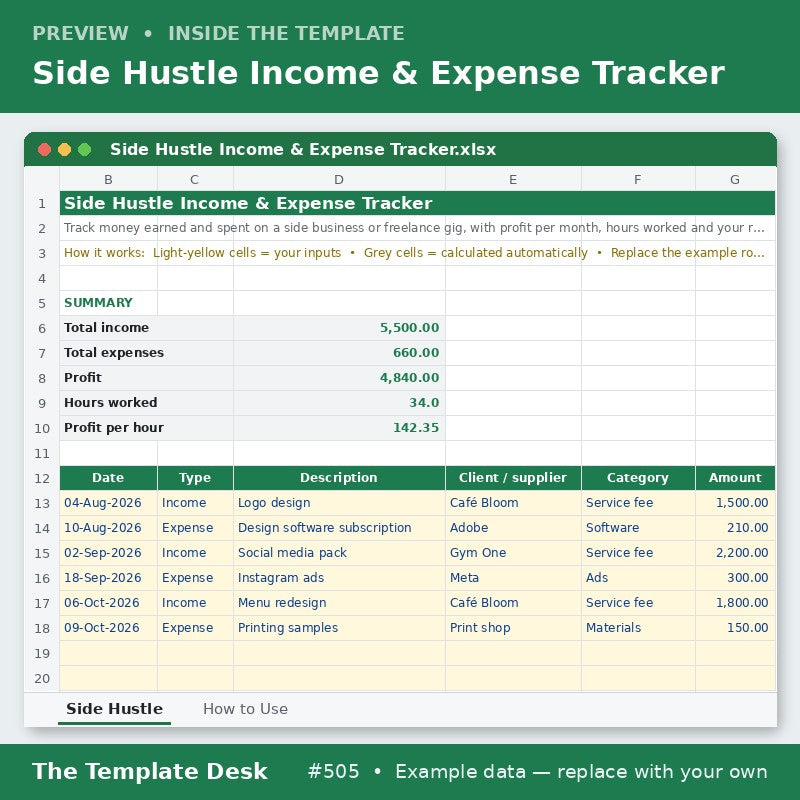 Side Hustle Income & Expense Tracker – sheet preview