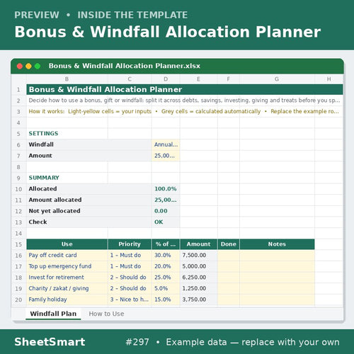 Bonus & Windfall Allocation Planner – sheet preview