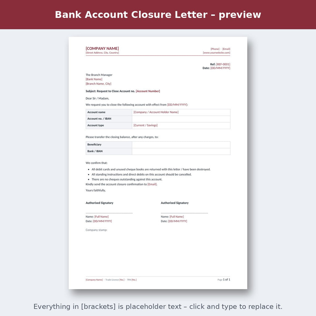 Bank Account Closure Letter – preview