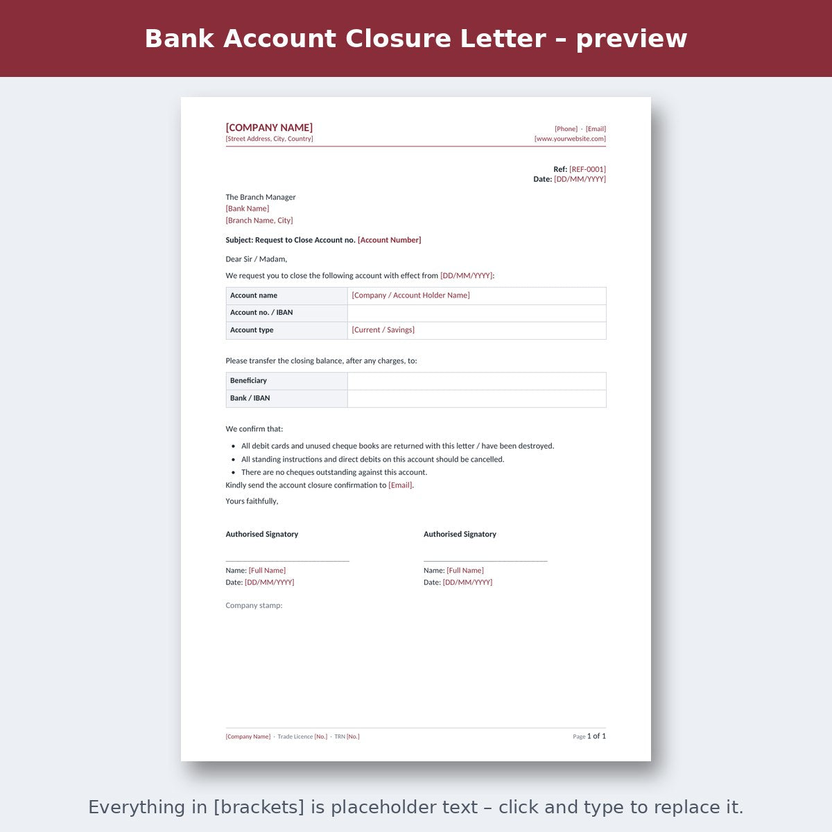 Bank Account Closure Letter – preview