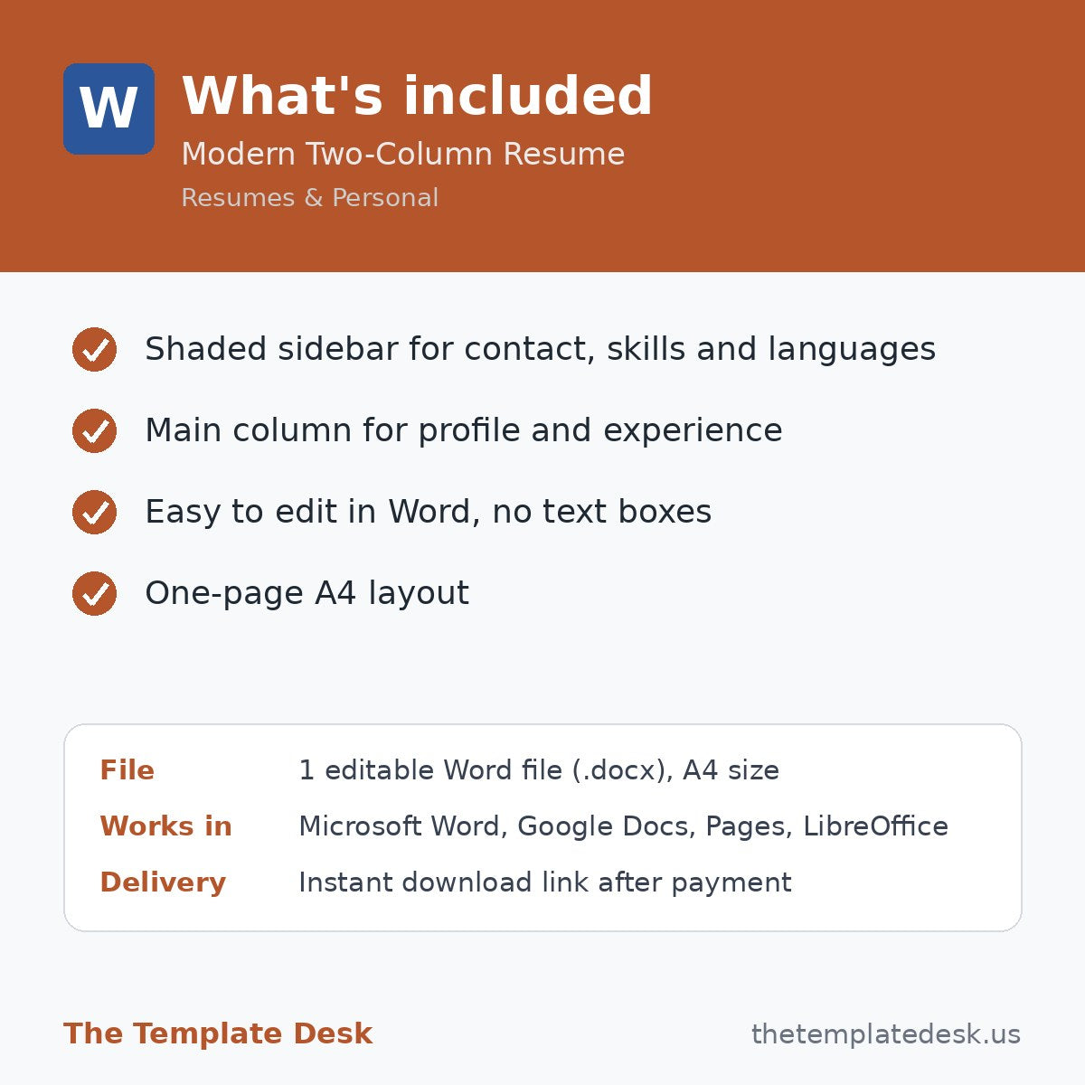 Modern Two-Column Resume – what's included