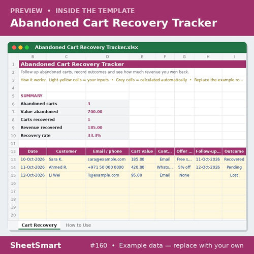 Abandoned Cart Recovery Tracker – sheet preview