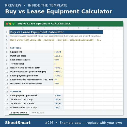 Buy vs Lease Equipment Calculator – sheet preview
