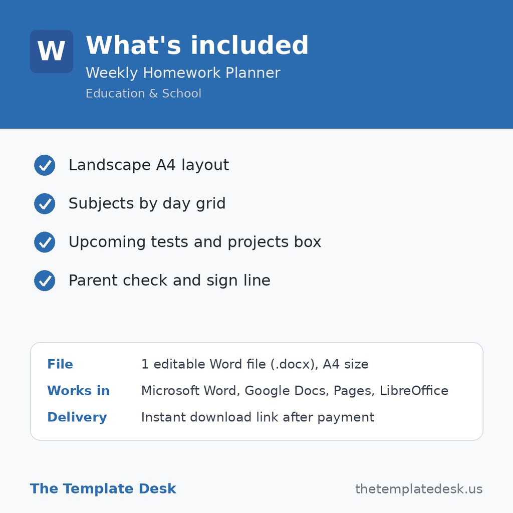 Weekly Homework Planner – what's included