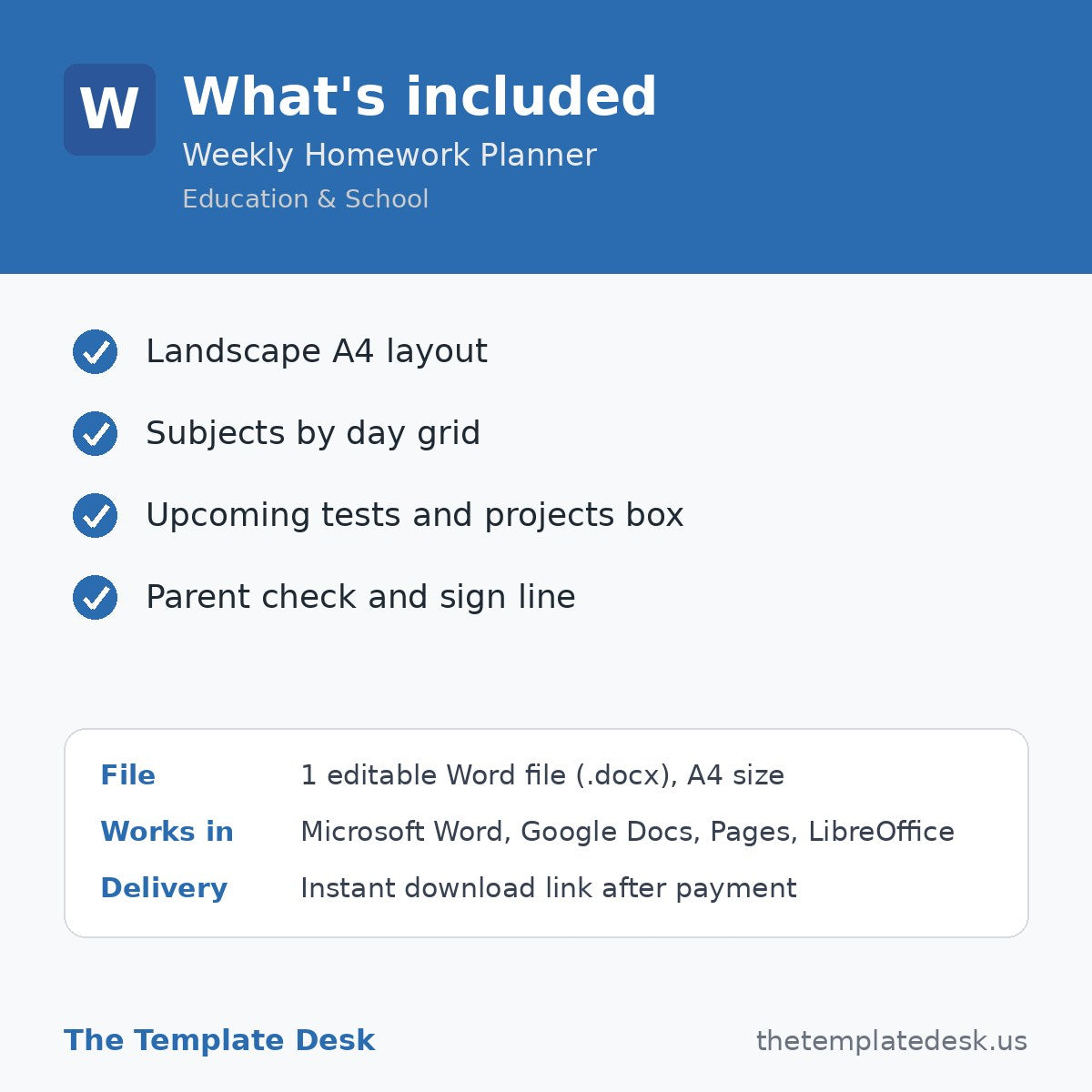Weekly Homework Planner – what's included