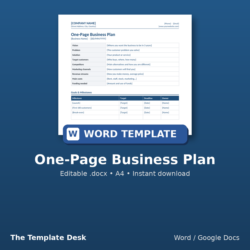 One-Page Business Plan – cover