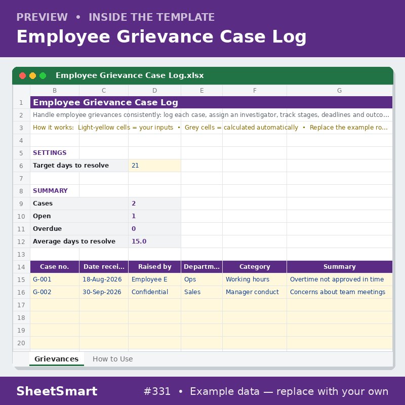 Employee Grievance Case Log – sheet preview