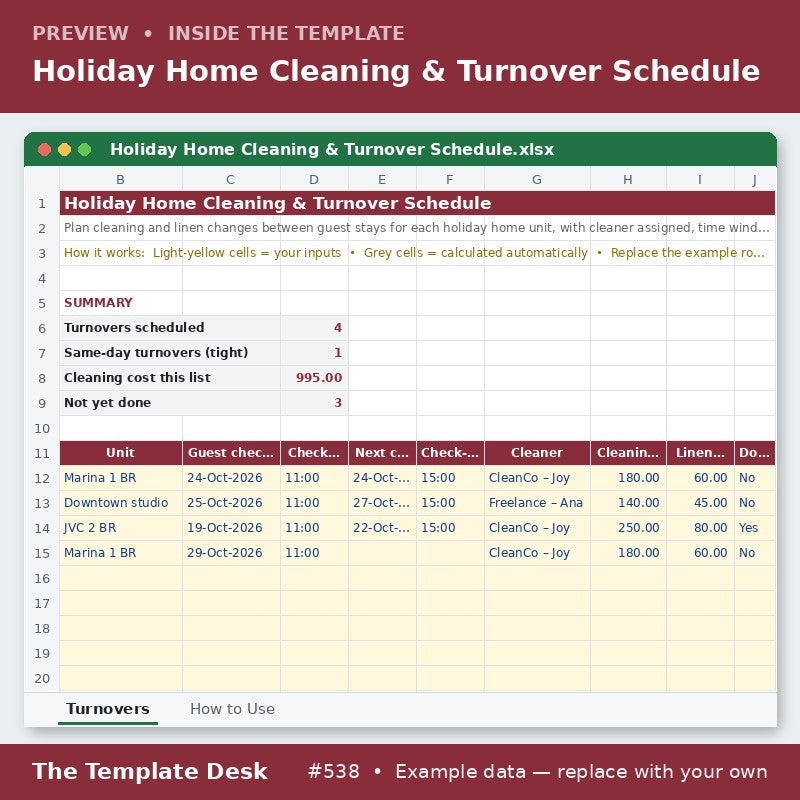 Holiday Home Cleaning & Turnover Schedule – sheet preview