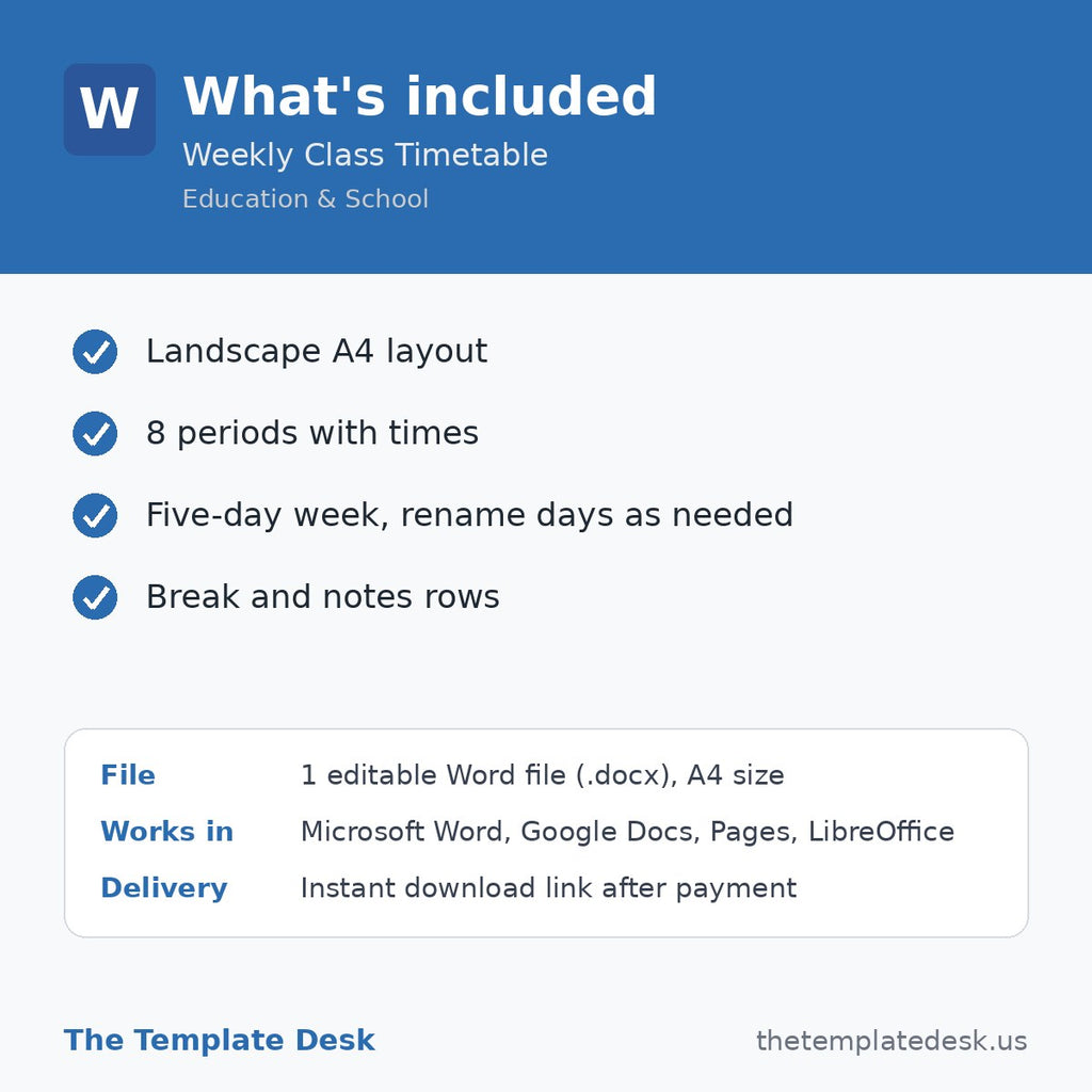 Weekly Class Timetable – what's included