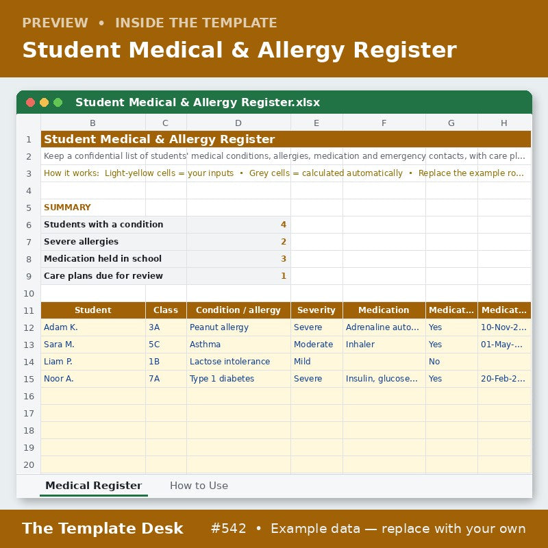 Student Medical & Allergy Register – sheet preview