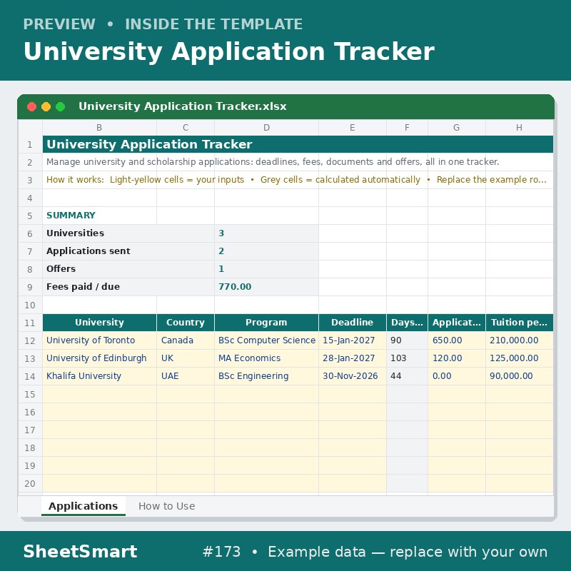University Application Tracker – sheet preview