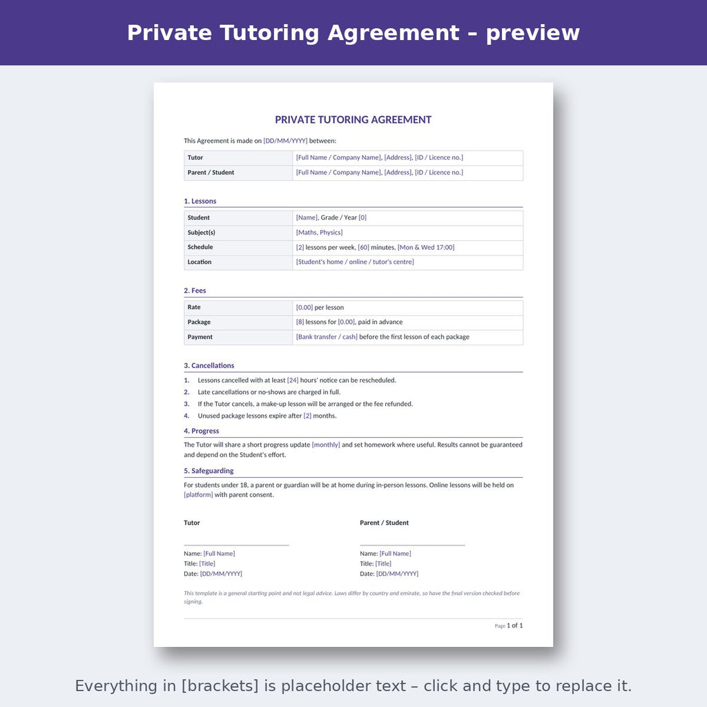 Private Tutoring Agreement – preview