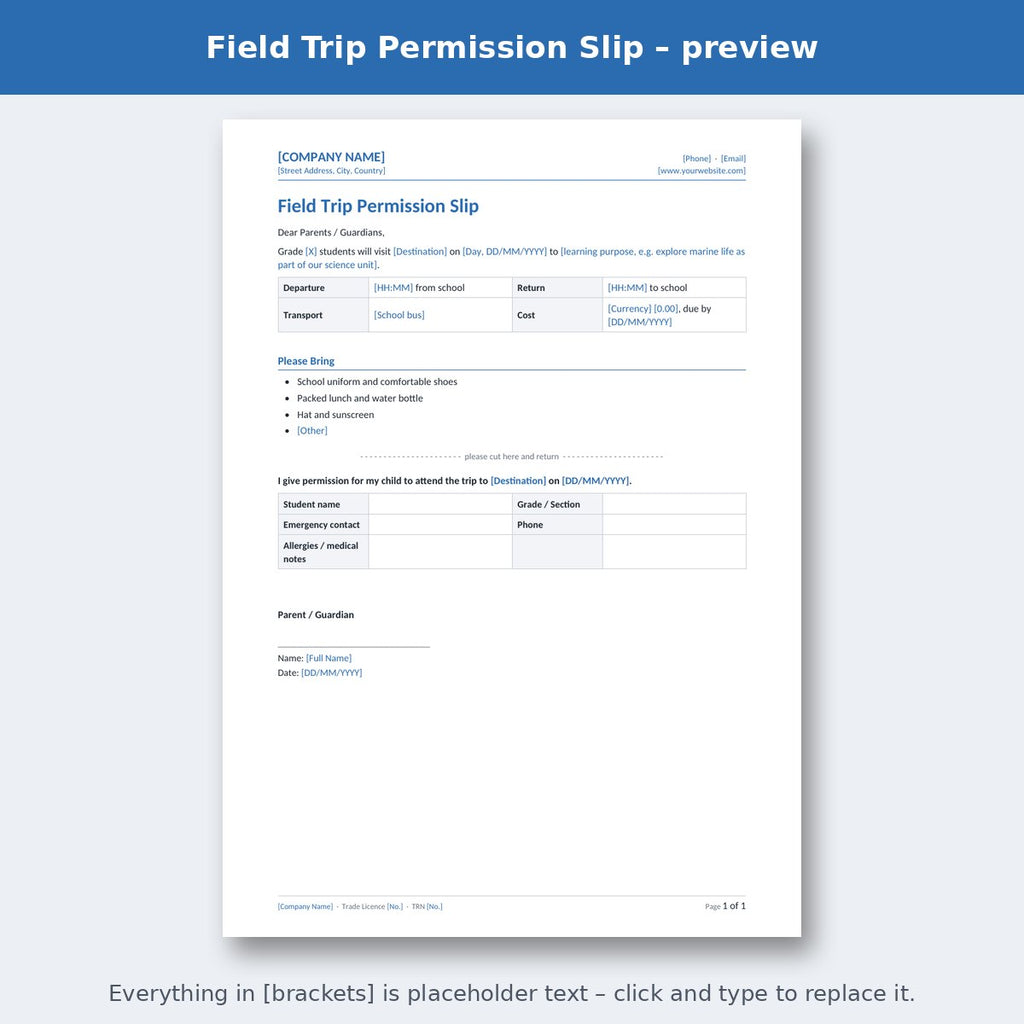Field Trip Permission Slip – preview