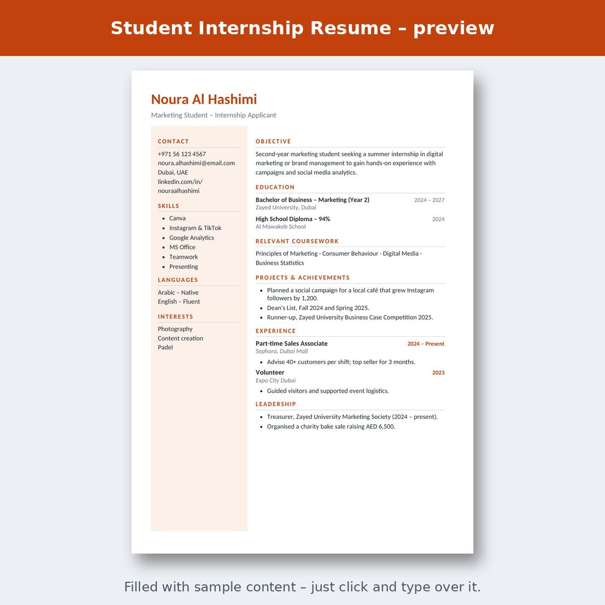 Student Internship Resume – preview