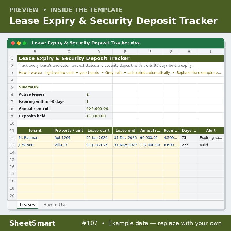 Lease Expiry & Security Deposit Tracker – sheet preview