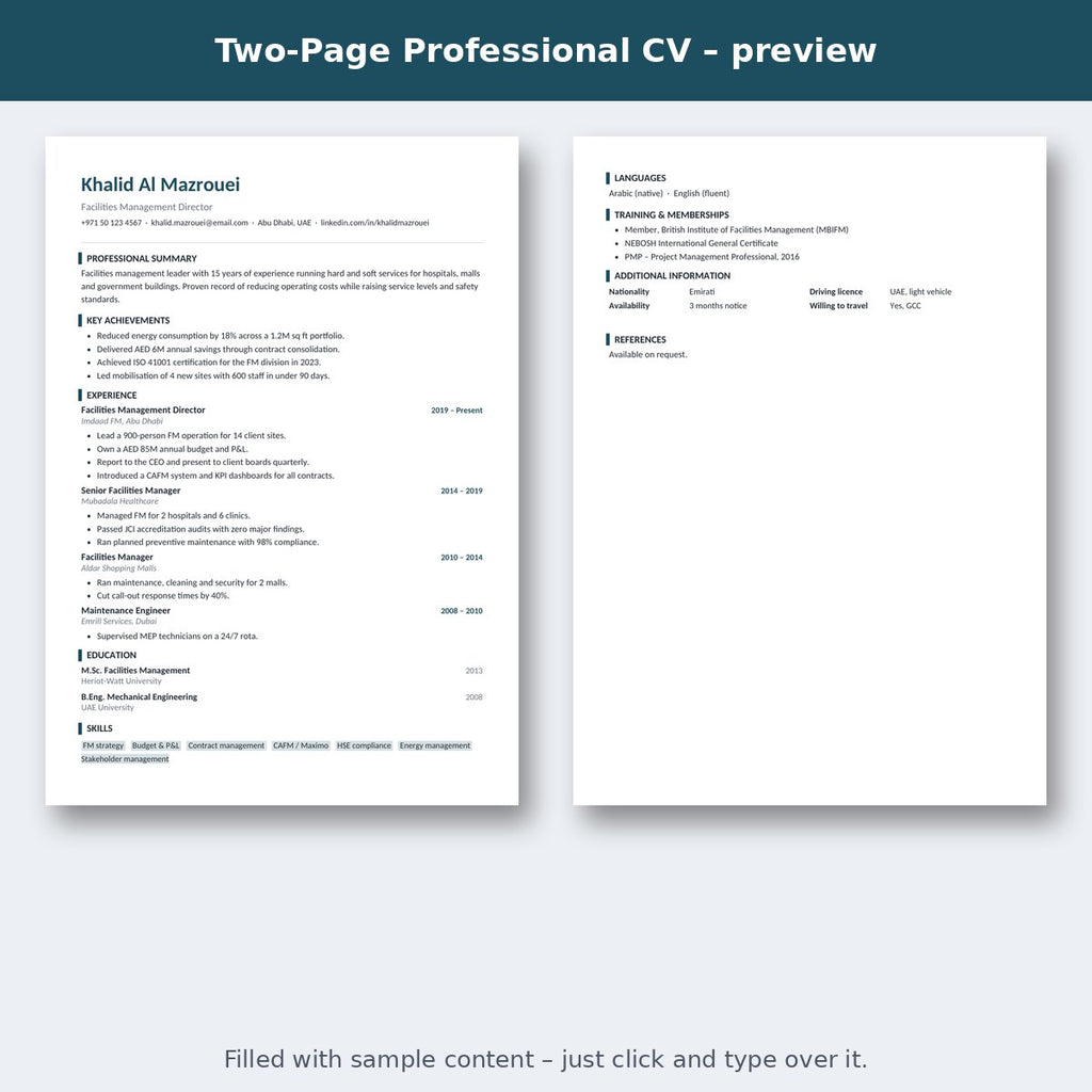 Two-Page Professional CV – preview