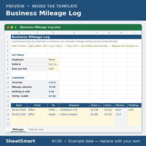 Business Mileage Log – sheet preview