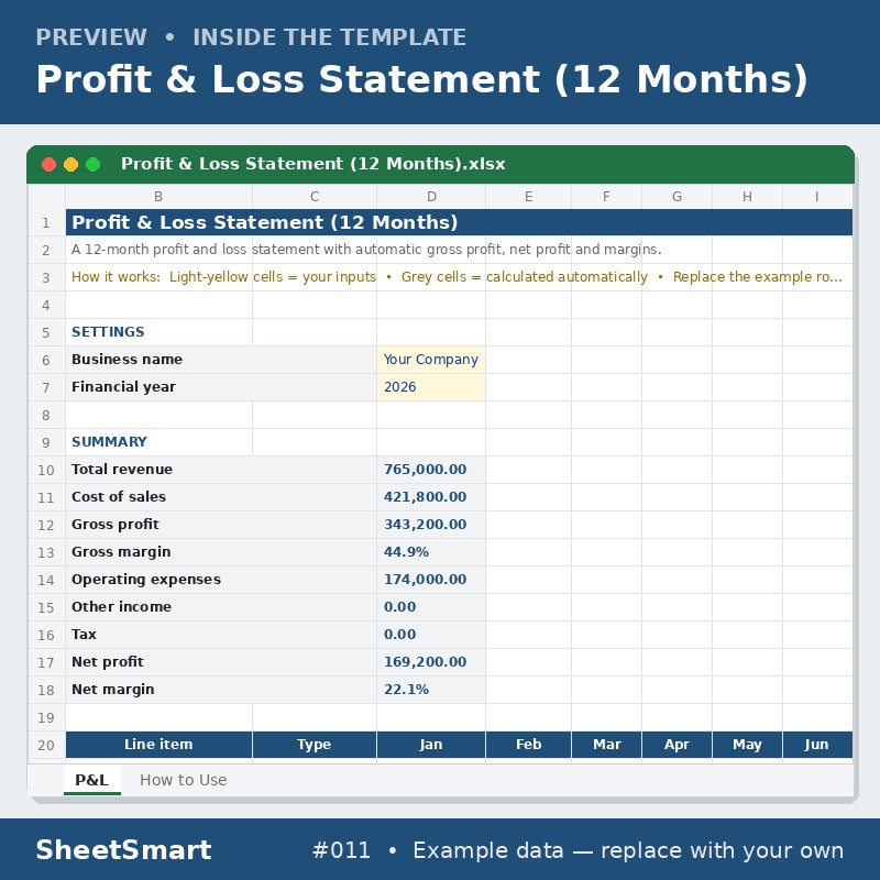 Profit & Loss Statement (12 Months) – sheet preview