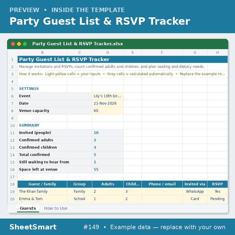 Party Guest List & RSVP Tracker – sheet preview