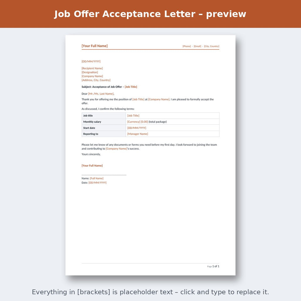 Job Offer Acceptance Letter – preview