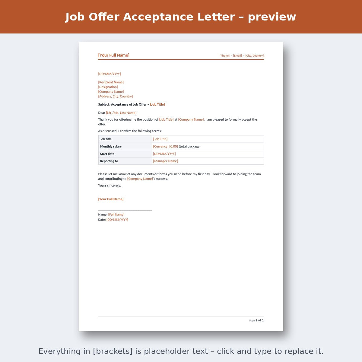 Job Offer Acceptance Letter – preview