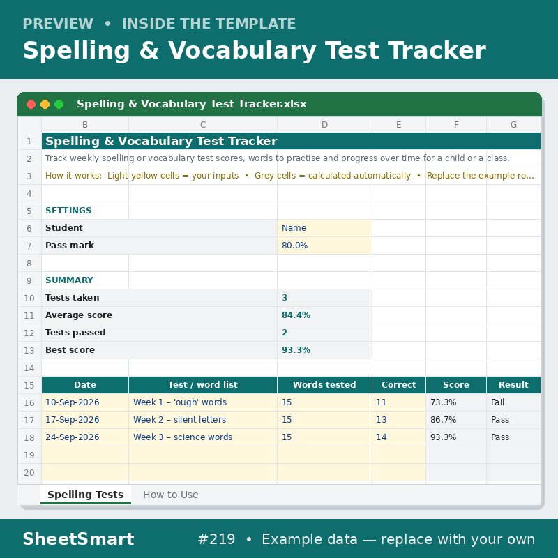 Spelling & Vocabulary Test Tracker – sheet preview