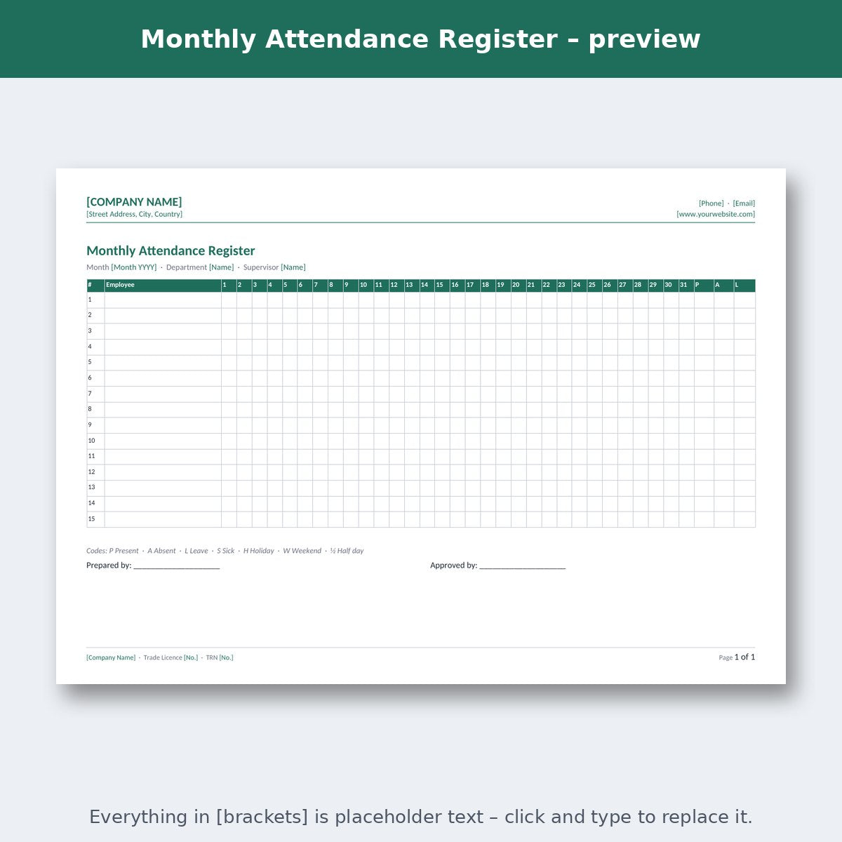 Monthly Attendance Register – preview