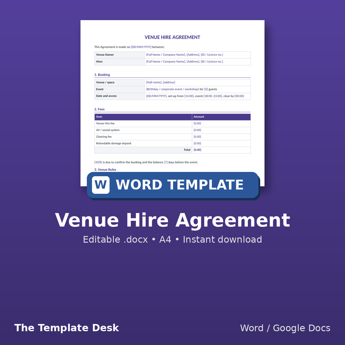 Venue Hire Agreement – cover
