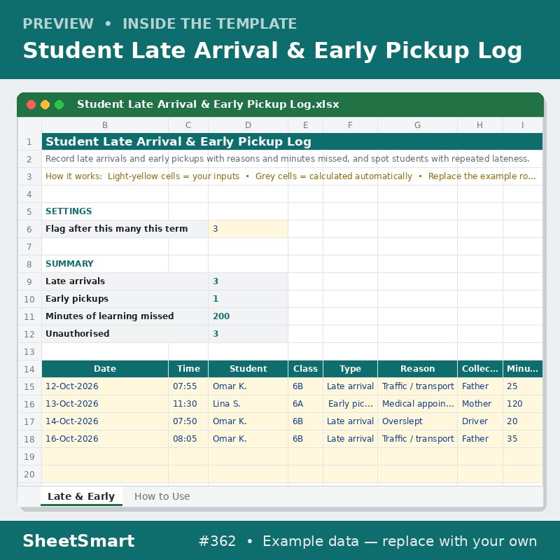 Student Late Arrival & Early Pickup Log – sheet preview