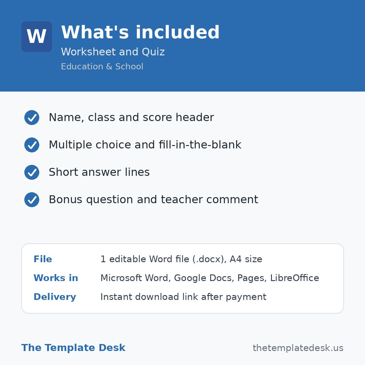 Worksheet and Quiz – what's included