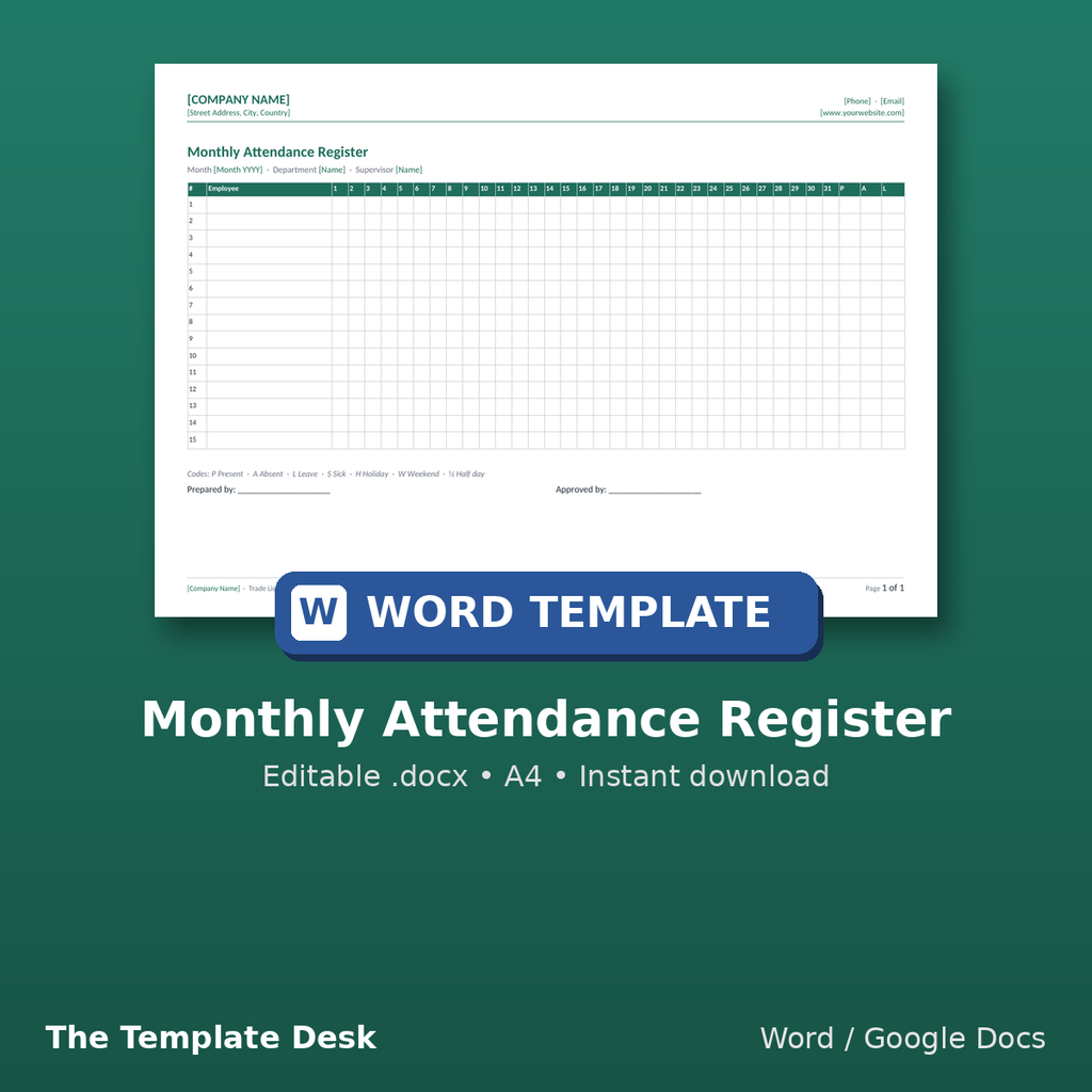 Monthly Attendance Register – cover