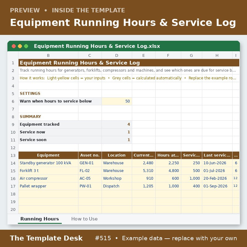 Equipment Running Hours & Service Log – sheet preview