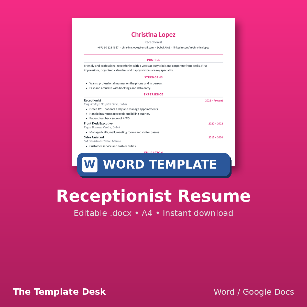 Receptionist Resume – cover