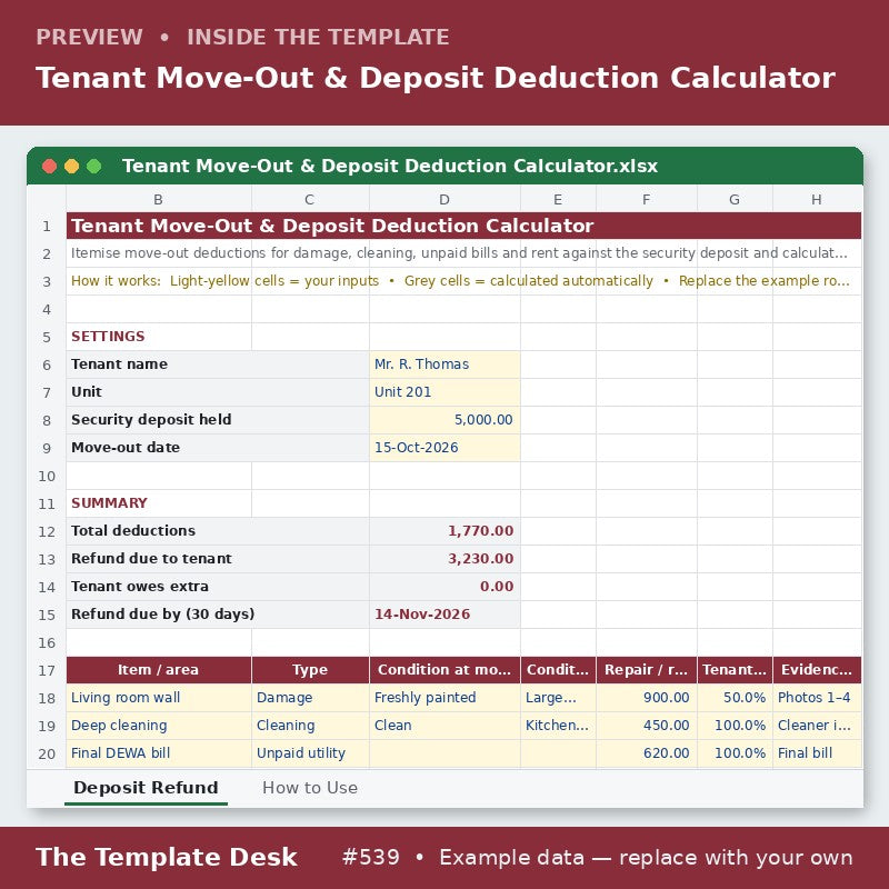 Tenant Move-Out & Deposit Deduction Calculator – sheet preview