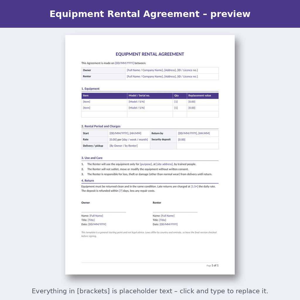Equipment Rental Agreement – preview