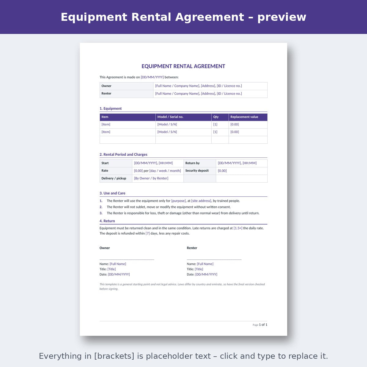 Equipment Rental Agreement – preview
